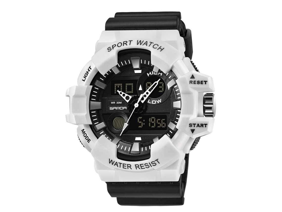 Relógio esportivo multifuncional Sanda para homens, analógico e digital, à prova d'água, branco/preto.