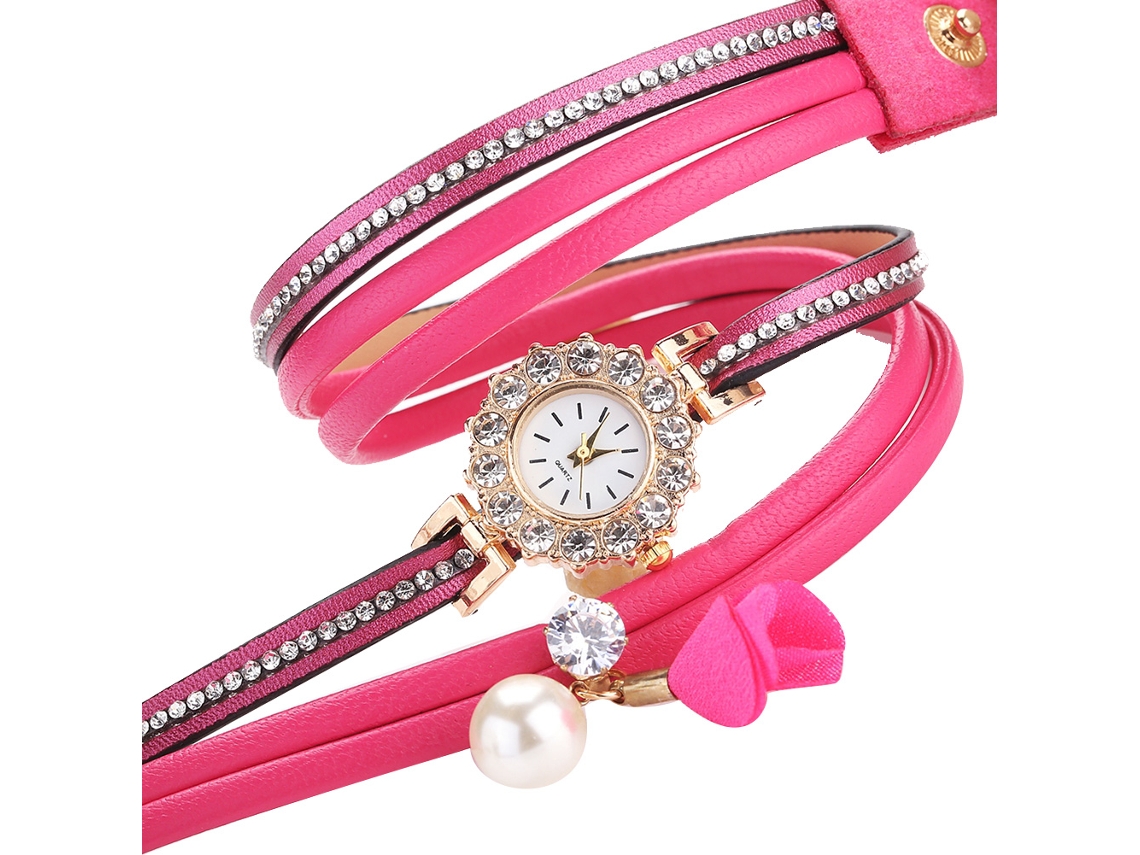 Relógio de Pulso Feminino de Moda com Pulseira de Couro Pu e Strass Rosa