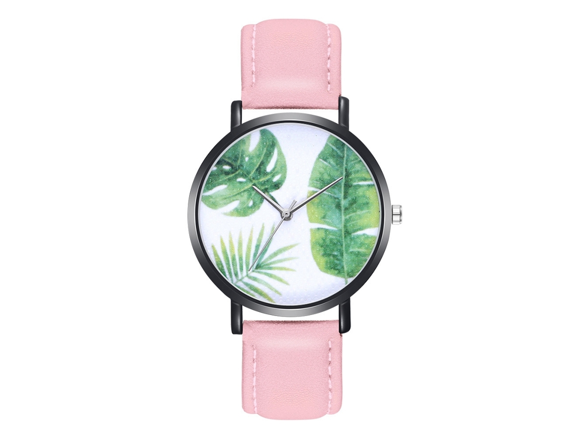 Reloj De Cuarzo Unisex Con Correa De Cuero Pu Hojas Verdes Impresión (rosa)