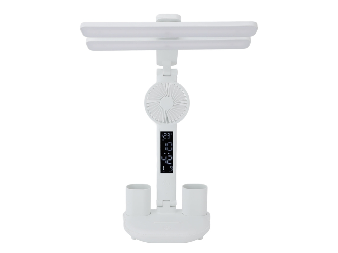 Lâmpada de Mesa Led com Ventoinha Apoio Canetas Relógio Iluminação Ajustável