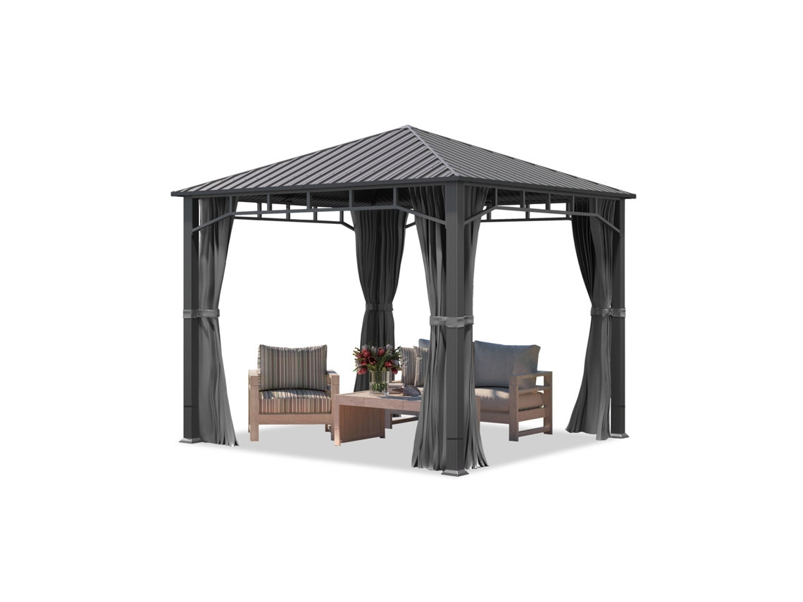 Gazebo De Jardim 3x3 M, Teto Sólido Em Aço, 4 Cortinas Em Cinza Escuro, Perfil Aprox. 9x9 Cm Toolport