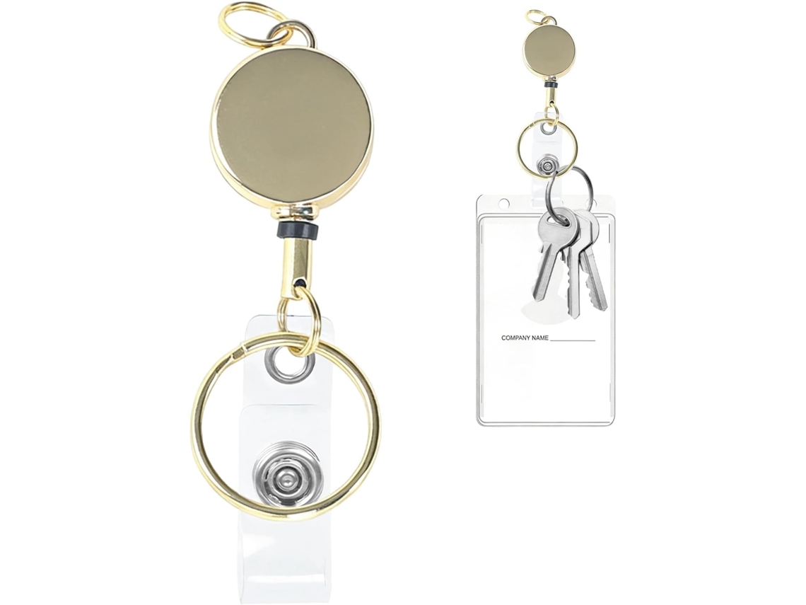 Chaveiro retrátil reforçado com cordão extensível de 30 cm.