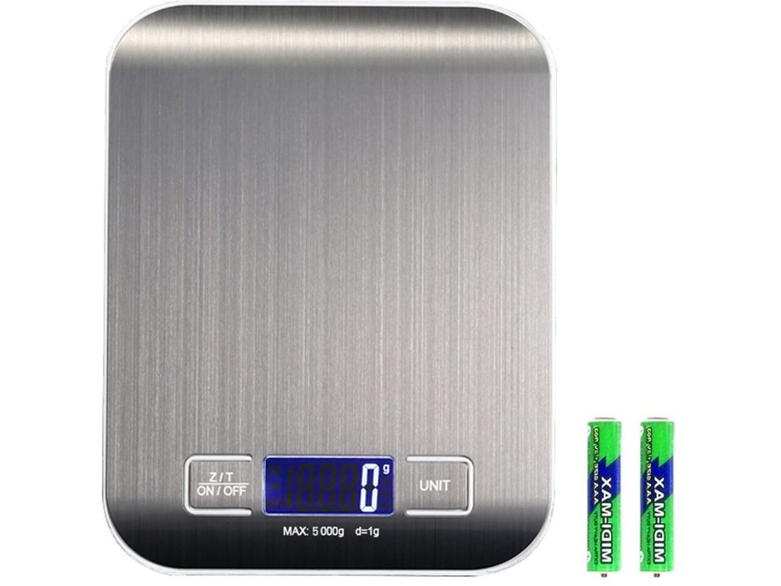 Balança Doméstica Portátil em Aço Inoxidável, Eletrônica de Cozinha, de Mesa, para Alimentos AQUAFORGE (bateria, Prata, 5 Kg/1 G)