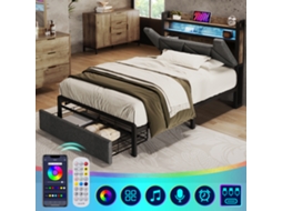 Cama de Solteiro 90x200 Cm com Arrumação, Usb c, Led, 2 Gavetas, Estrutura Metálica, Tecido Cinza, Sem Colchão VSOGA
