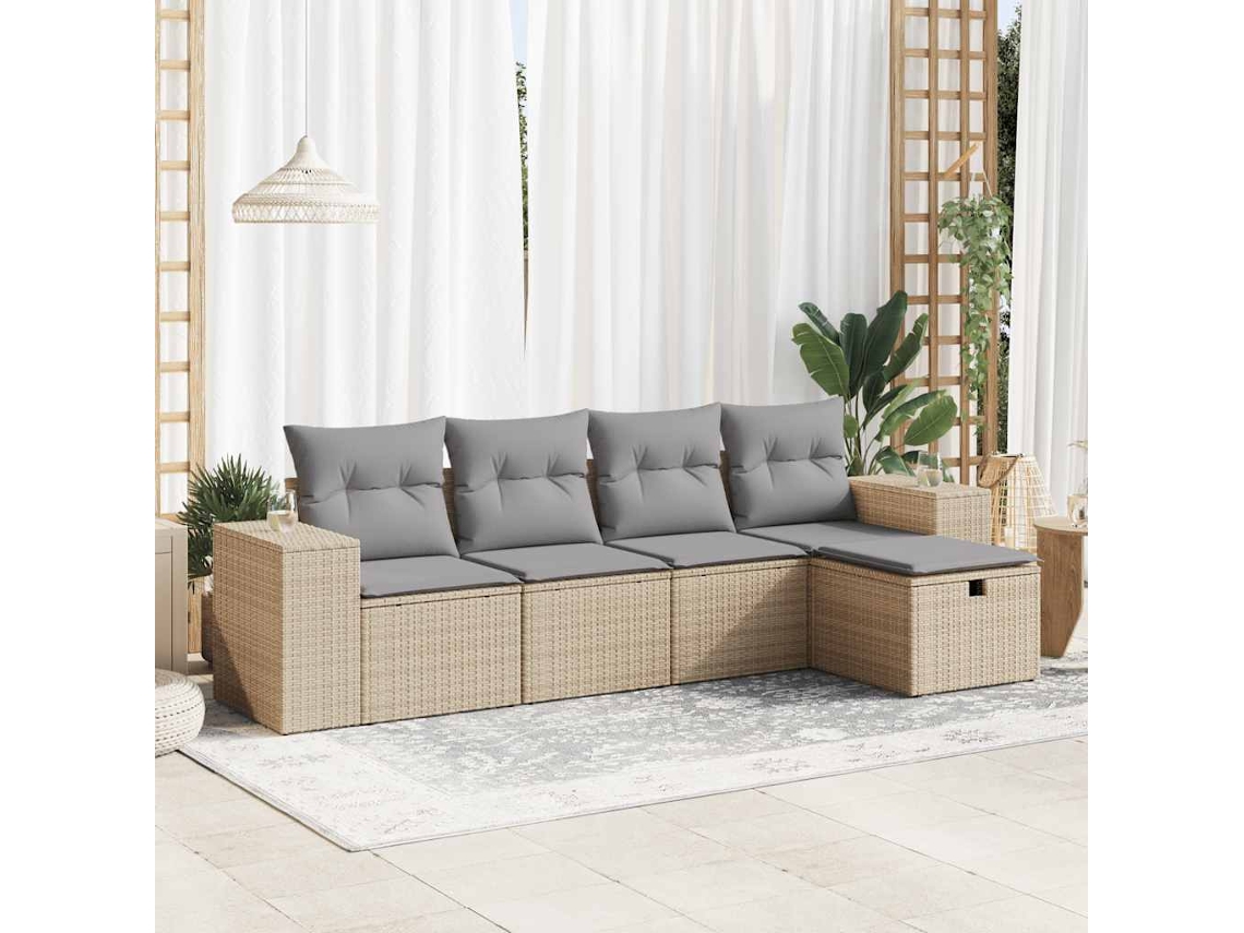 Vidaxl 5 Pcs Conjunto De Sofás P/ Jardim Com Almofadões Vime Pe Bege