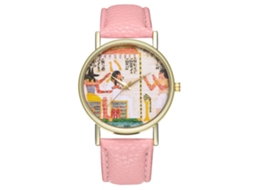 Relógio de pulso de quartzo com mostrador vintage e pulseira de couro para mulheres e homens (rosa)
