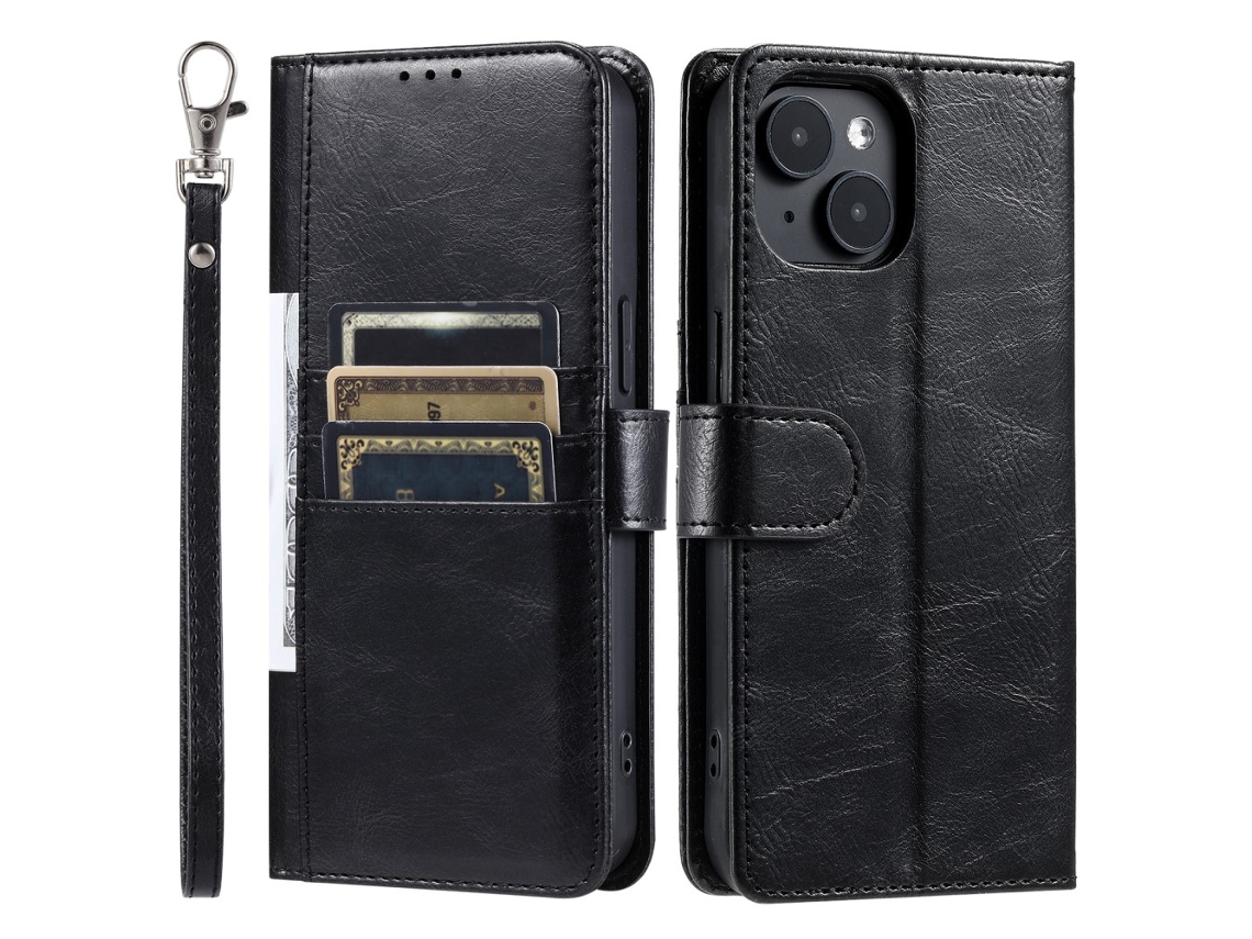 Capa Para Iphone 15 Pele Sintética Com Porta-cartões Preto