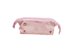 Estojo de lápis grande com bordado de desenho animado para estudantes, tecido rosa.