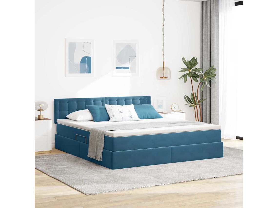 Vidaxl Cama Com Armazenamento Azul Escuro 180 X 200 Cm Veludo