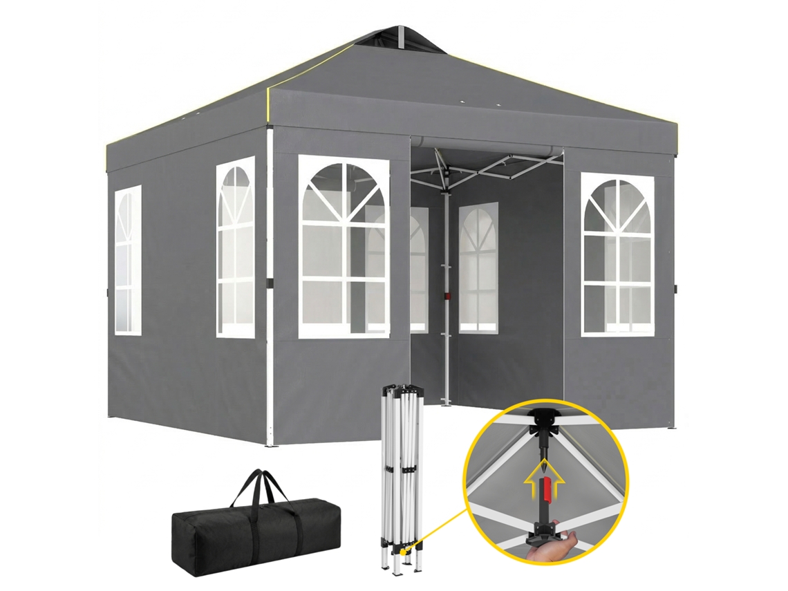 Tenda Dobrável 3x3 M Pop up com Upf50+. 4 Laterais Removíveis. Altura Ajustável e Bolsa de Transporte Cinzento Escuro Ge