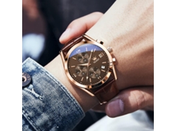 Lurelia Relógio Cronógrafo Masculino, Movimento De Quartzo, Analógico, Data/calendário, Luminoso, Couro, Resistente À Água 30m, Dourado, Castanho