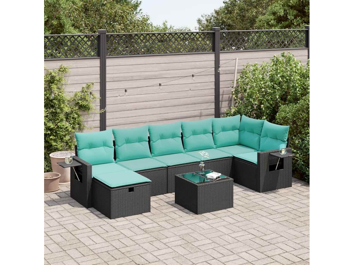 Vidaxl 8 Pcs Conjunto Sofás De Jardim Com Almofadões Vime Pe Preto