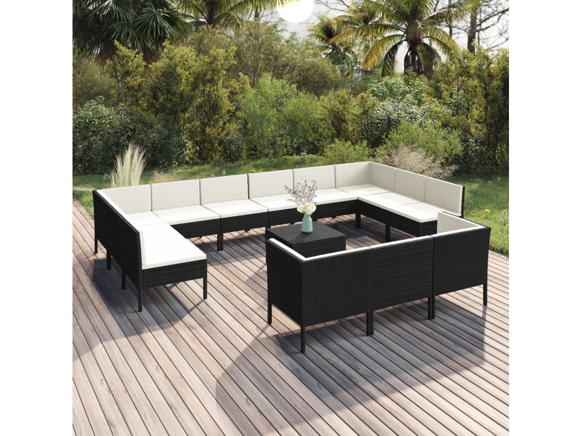 Vidaxl 14 Pcs Conjunto Lounge De Jardim C/ Almofadões Vime Pe Preto