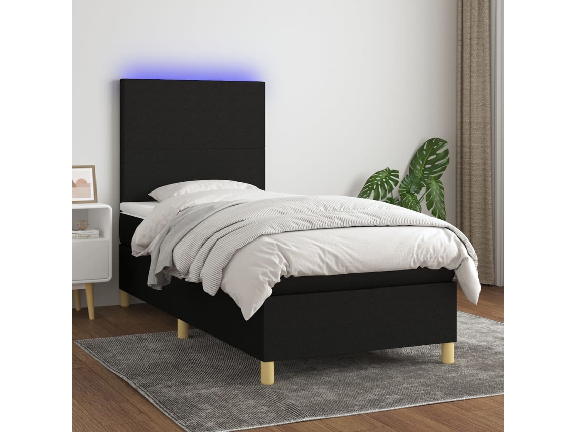Cama Box Spring C/ Colchão E Led 100x200 Cm Tecido Preto