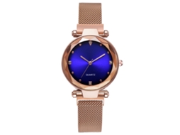 Relógio de quartzo com strass e pulseira de malha dourada rosa (azul)