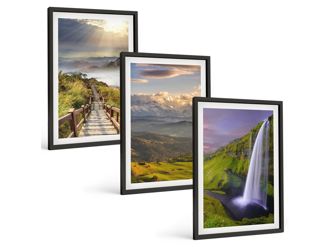 Composição De Quadros Paisagens De Montanha, Cachoeira Moldura Preta Fotos Para O Escritório Espelharte (3 Piezas De 40x60 Cm)