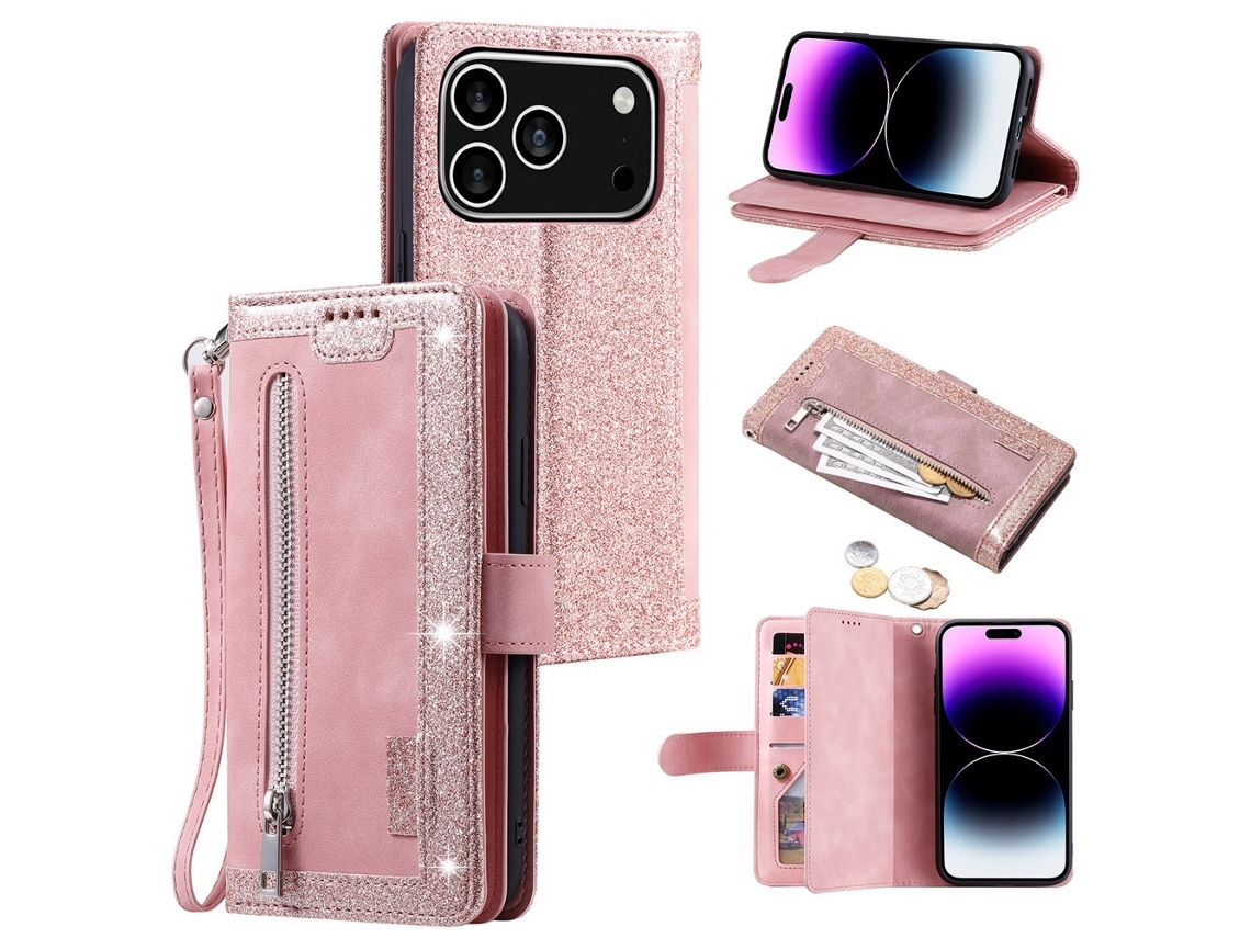 Capa Compatível Com Iphone 17 Pro Com Zíper E 9 Compartimentos Para Cartões - Rosa
