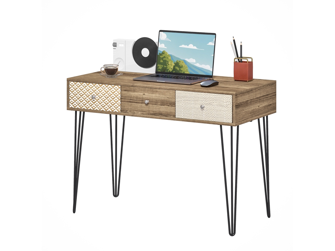 Secretária Estilo Boémio Mesa Com 3 Gavetas E Pés De Ferro Para Escritório Dormitório Tocador 105x50x75 Cm Madeira
