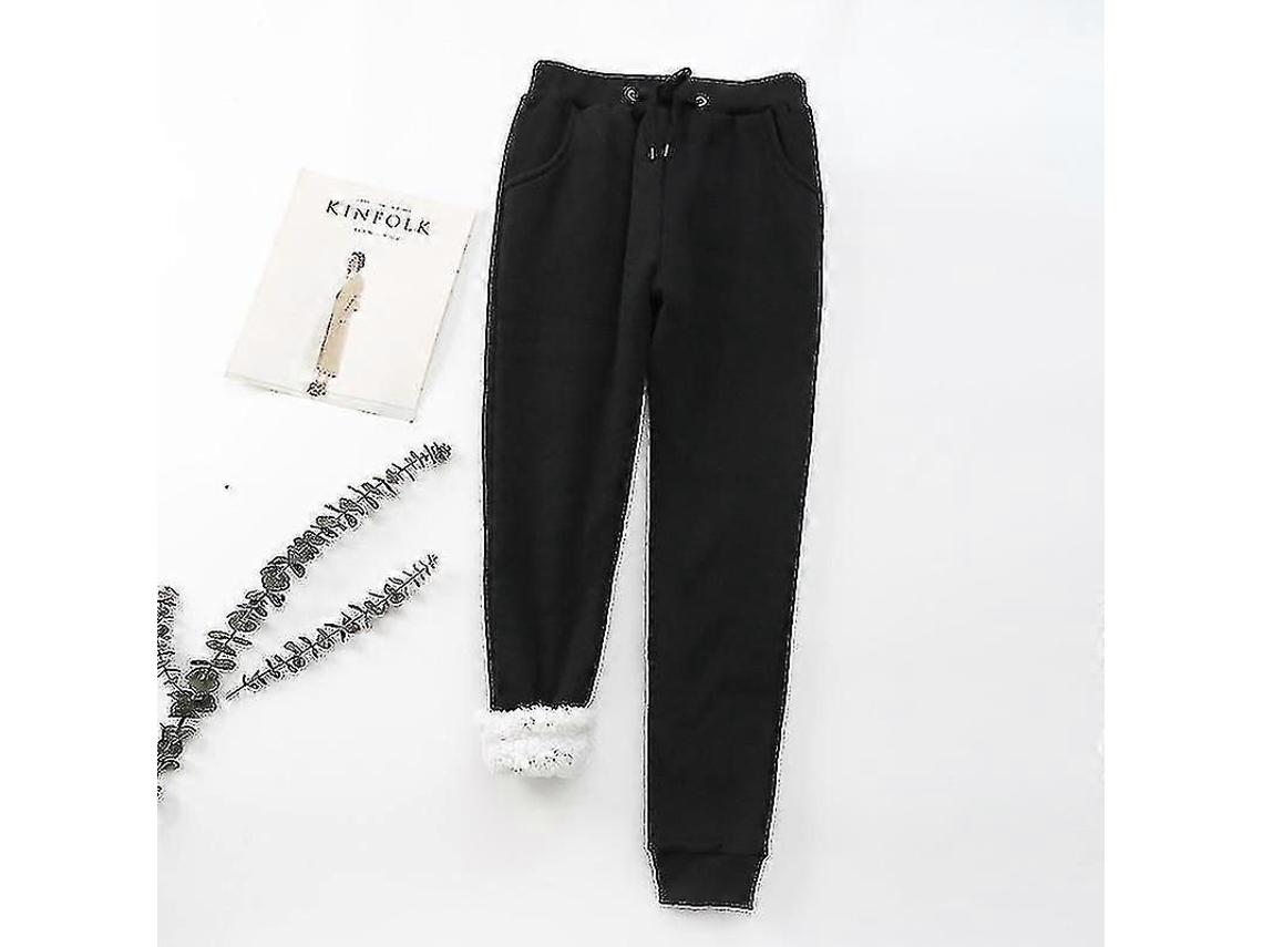 Calças De Moletom Com Forro Sherpa Para Mulher, Estilo Casual, Acolhedoras E Anti-vento, Bolso Lateral E Cinto Com Cordão Preto