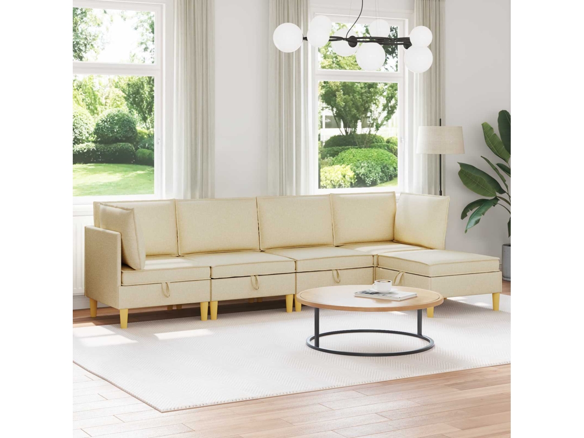 Vidaxl Conjunto De Sofá Modular Com Armazenamento 5 Pcs Creme Tecido