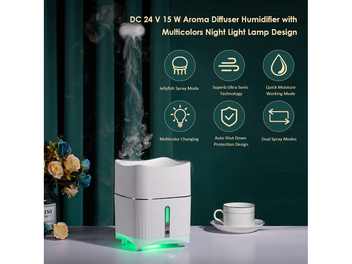 Umidificador Difusor Aroma 680ml Luz Noturna Multicolor Modos Duos Vazamento Auto desligamento 15w