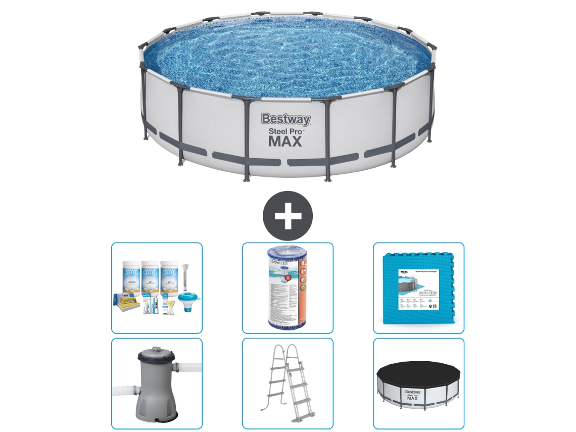 Piscina BESTWAY Round Steel Pro Max 427 X 107 Cm Cinza Incluindo Bomba Escada Cobertura Pacote de Manutenção Filtro Ladrilhos