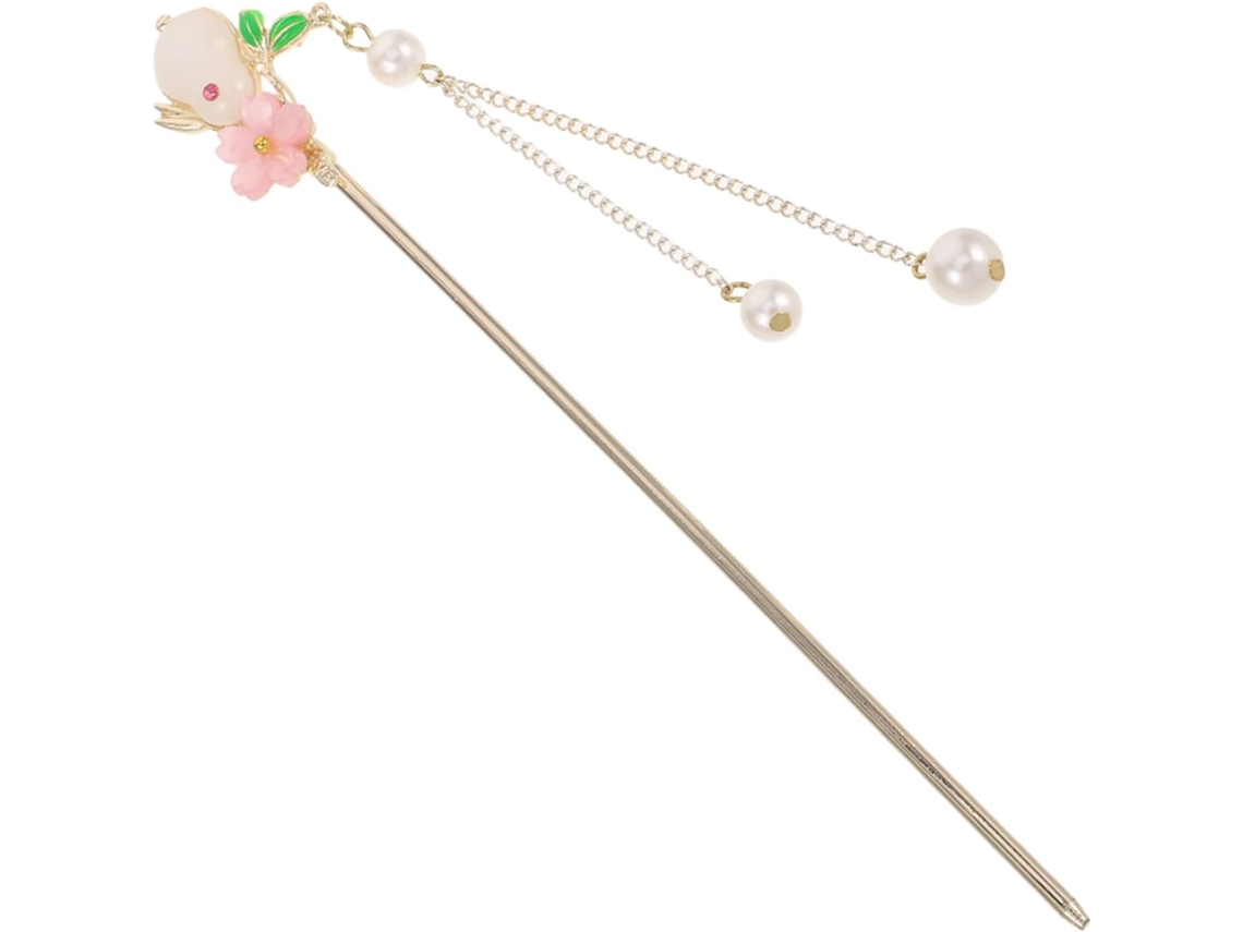 Presilha de cabelo estilo chinês com borlas, faixa de metal e resina, detalhes delicados.