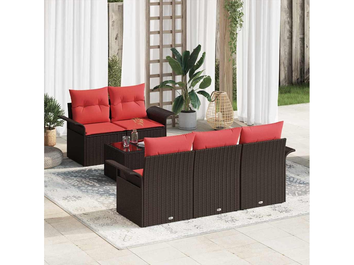 Vidaxl Conjunto De Sofá De Jardim 6 Unid. Bege E Vermelho Vime Pe