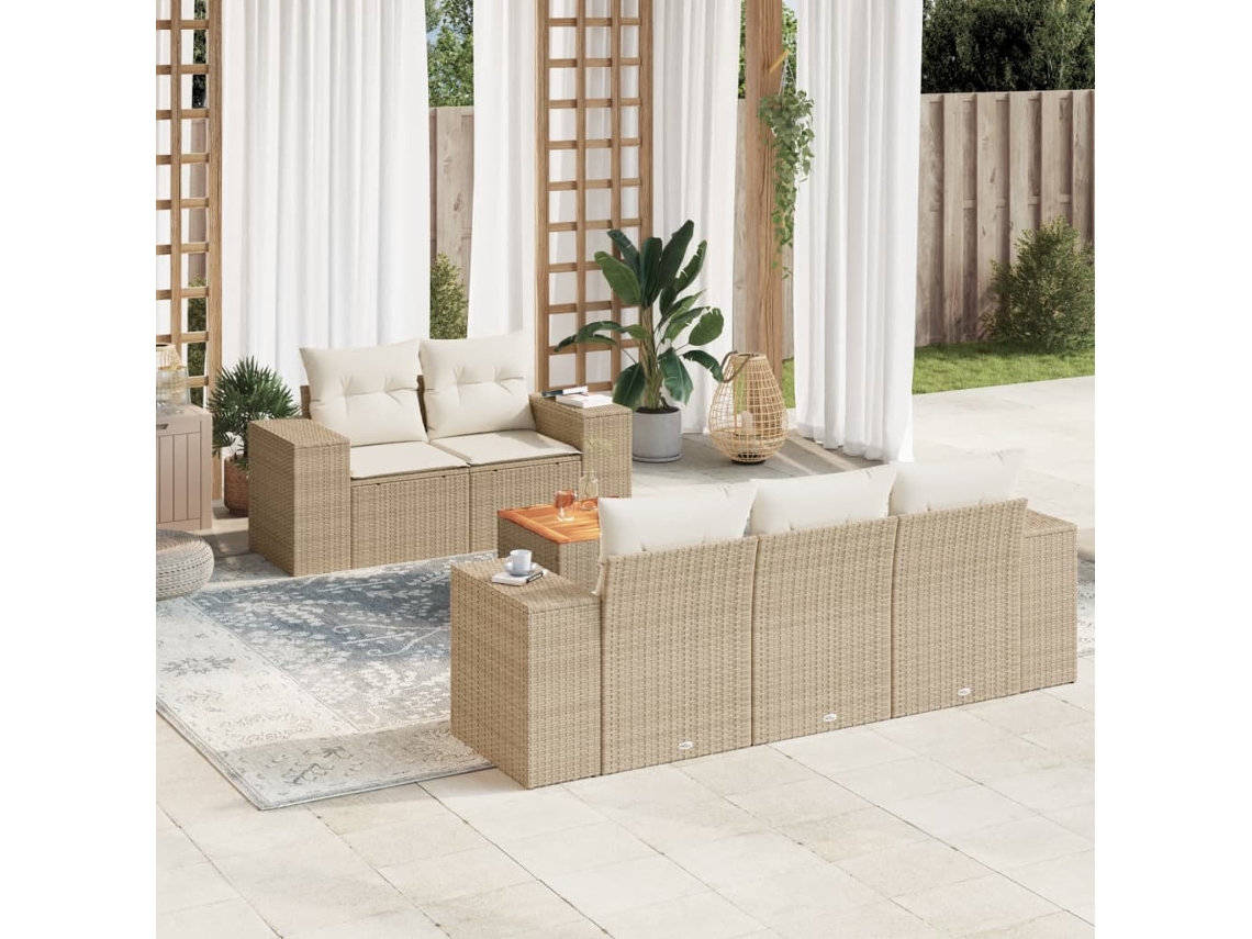 Vidaxl 6 Pcs Conjunto De Sofás P/ Jardim Com Almofadões Vime Pe Bege