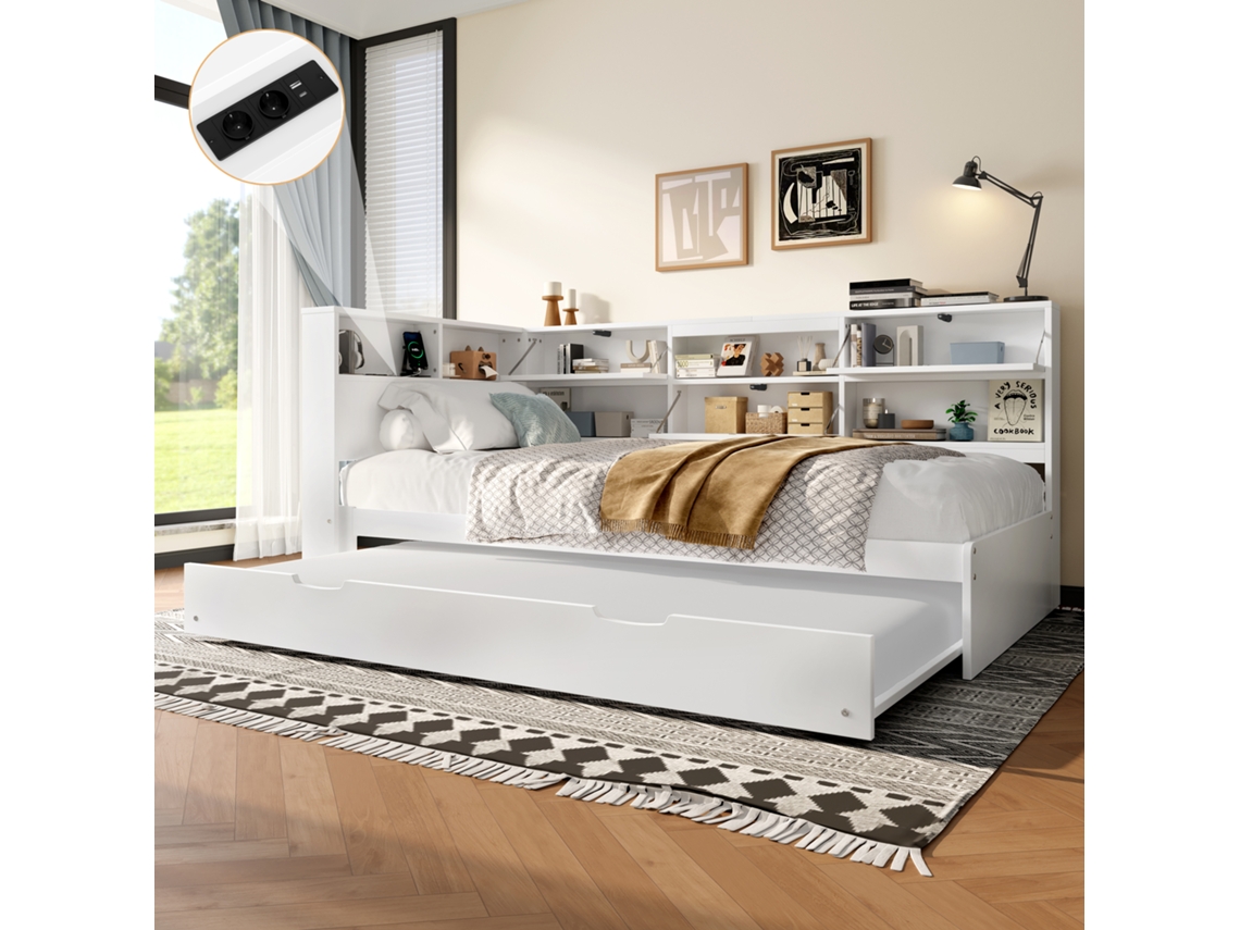 Cama De Dia, Sofá-cama, 90x200cm, Cabeceira Com Compartimento De Armazenamento, Cama Retrátil Sem Colchão, Branca-op
