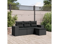 4 Pcs Conjunto De Sofá Para Jardim C/ Almofadões Vime Pe Preto Dkd Home Decor
