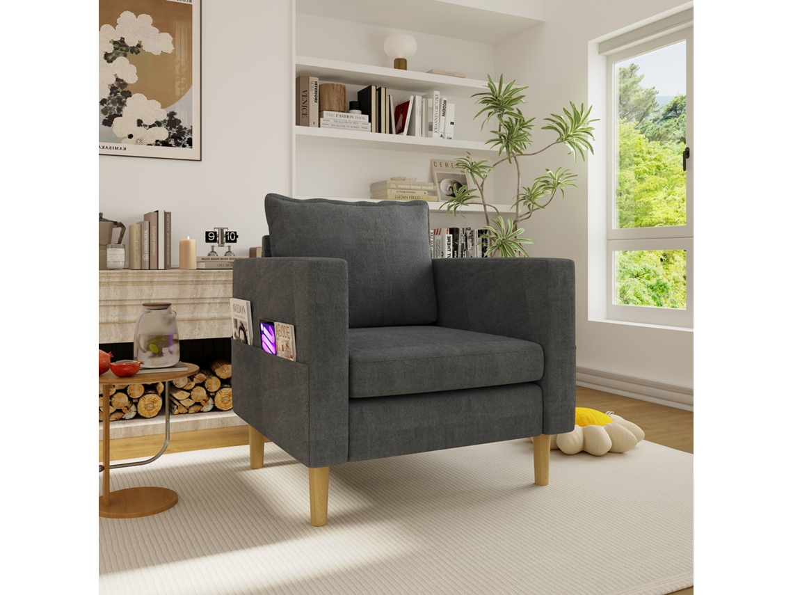 Poltrona Lazer Individual Bolsa Armazenamento Chenille Cinza VELTRIX