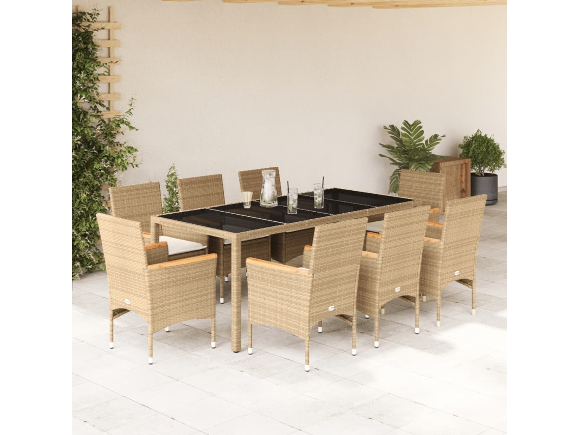 Vidaxl 9 Pcs Conjunto Jantar Jardim Com Almofadões Vime Pe/vidro Bege