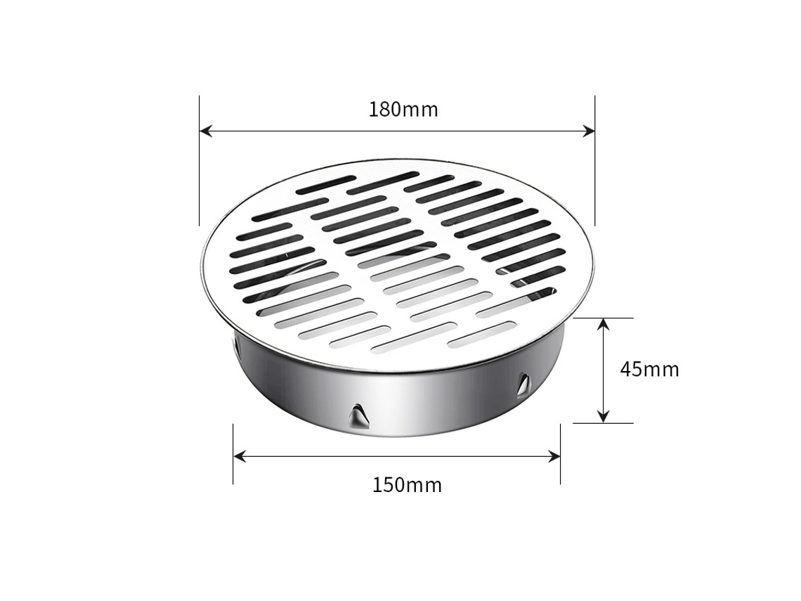 Ralo de Piso em Aço Inoxidável, Grelha Redonda Anti entupimento, Filtro para Varanda, Banheiro, Cozinha e Lavabo (lgl) AQUAFORGE (saída Plana 160°)