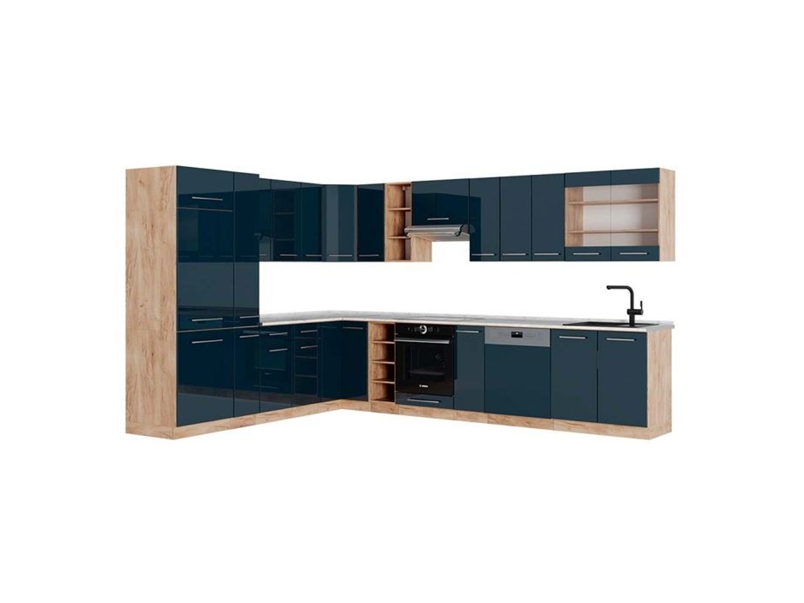 Cozinha de canto Fame-Line, 257 x 60 cm, Mármore PT, azul escuro brilhante/carvalho dourado, VICCO