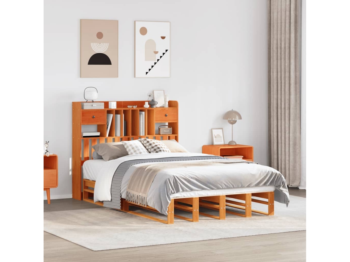 Vidaxl Cama Com Estante Sem Colchão 135x190 Cm Pinho Maciço