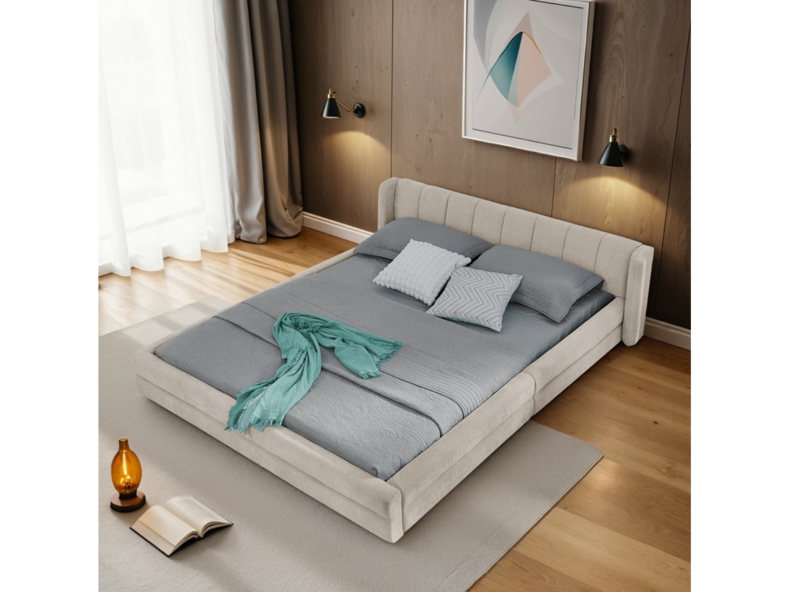 Cama Casal Chenille Bege 140x200 Com Eucalipto E Metal