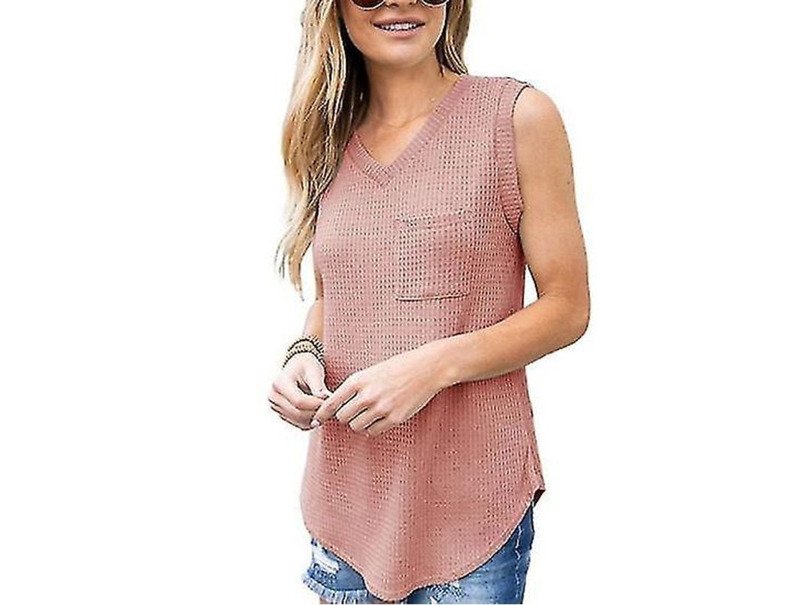 Blusa De Verão Feminina De Poliéster Cor Unica Com Gola V Sexy, Casual E Fashion - Respirável E Ajustada Rosa