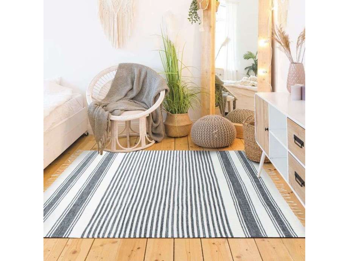 Tapete - A Fábrica De Decoração - Terra Algodão Linhas - 120x170 Cm - Algodão - Retangular Cinza-branco