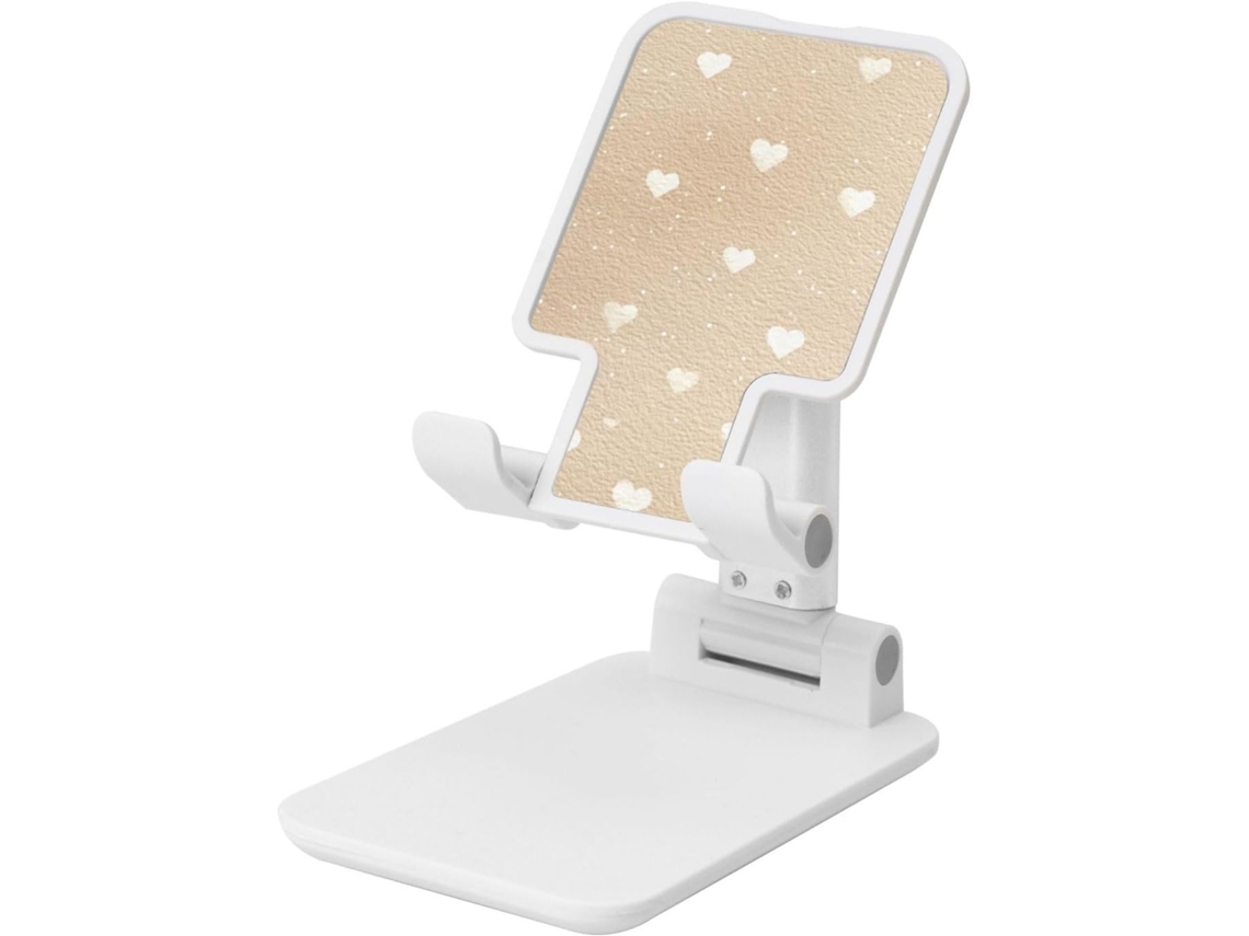 Suporte Dobrável Para Celular Em Aquarela Bege Claro Com Pequenos Corações Brancos Ângulo Ajustável Altura Compatível