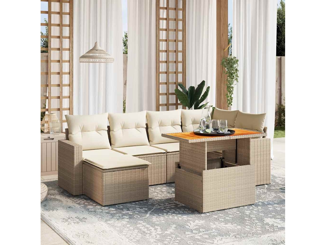 Vidaxl 7 Pcs Conjunto De Sofás P/ Jardim Com Almofadões Vime Pe Bege