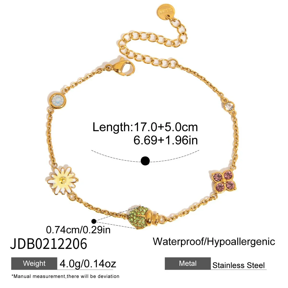 Pulseira Com Pingente De Flor, Borboleta E Libélula, Bijuteria Banhada A Ouro.