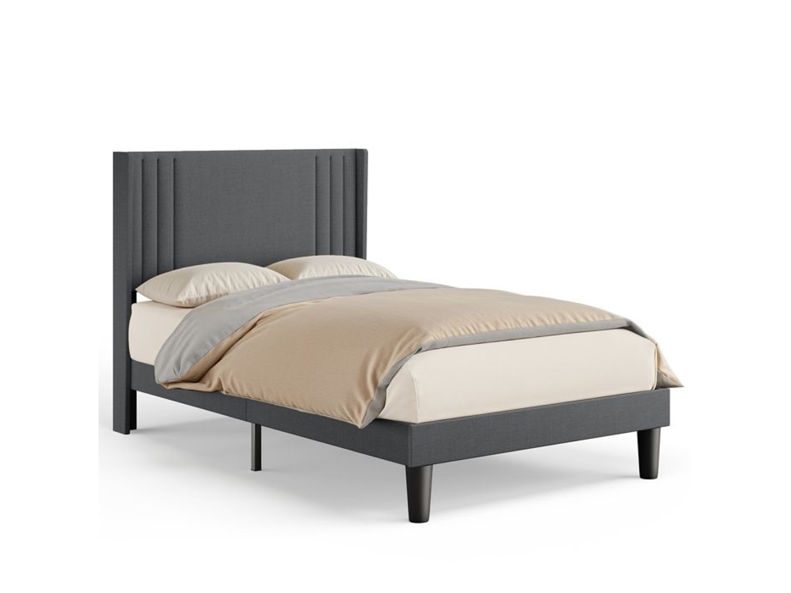 Cama solteiro estofada cinza com cabeceira e estrado ripado - 1 peça - 120 x 200 cm