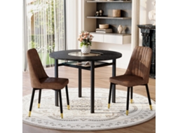 Conjunto Mesa Redonda Madeira Preta 100cm 2 Poltronas Tecido Marrom Metal Preto