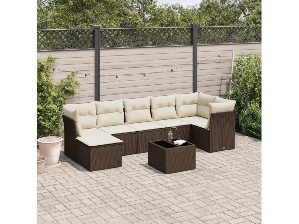 Vidaxl 8 Pcs Conjunto Sofás De Jardim C/ Almofadões Vime Pe Castanho
