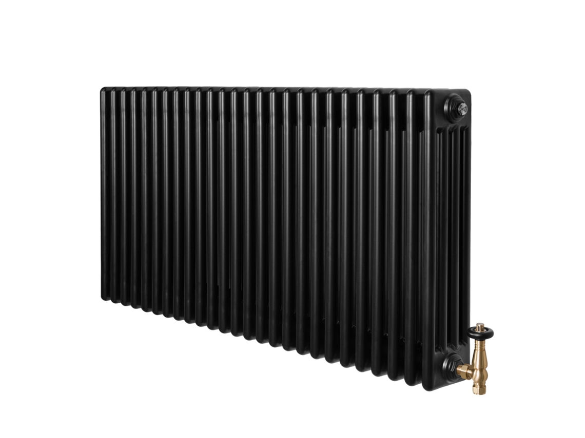 Radiador Tradicional 4 Colunas 600x1190 Mm Preto 1512w + Válvulas Termostáticas – Aço Carbono, Suportes Incluídos,