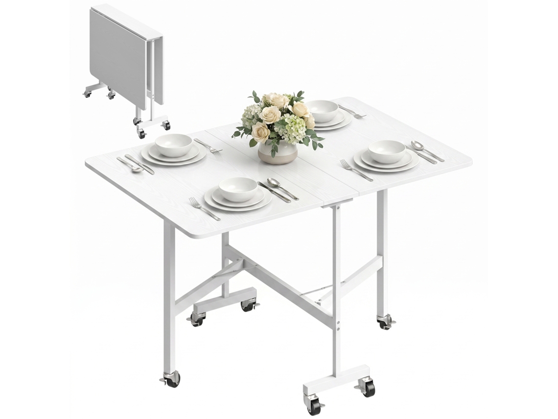 Folding Kitchen Table For 4-6 People, Folding Dining Room Table With Wheels And Folding Sides, 120x80x73 Cm, White