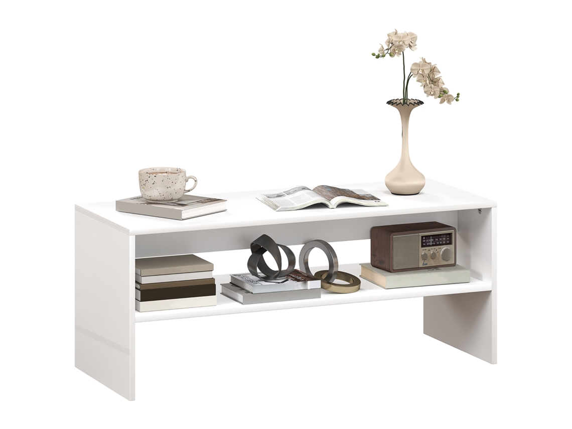 Mesa de Centro BTFORUS com compartimento aberto, 100x40x41,5cm branco brilhante café