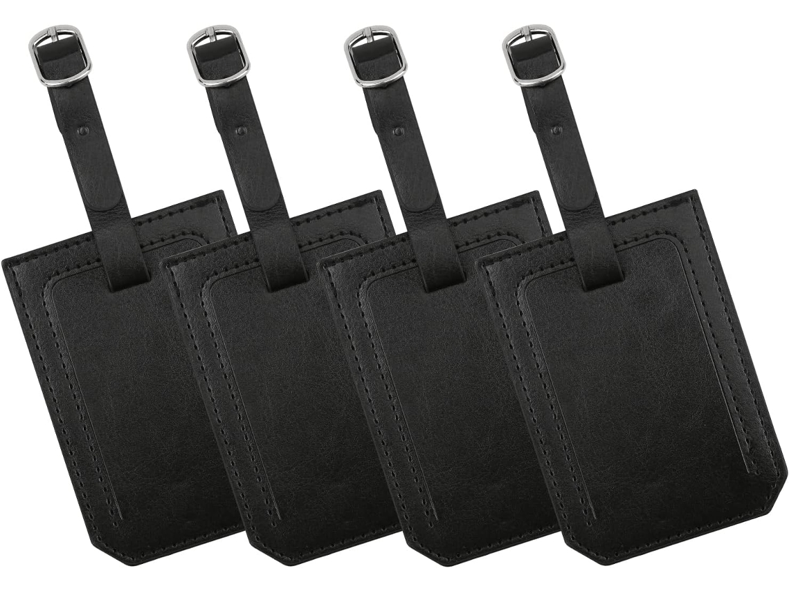 Conjunto de 4 Etiquetas de Bagagem em Couro Sintético, Pretas, com Bolso para Identificação e Endereço BRILVIBERA