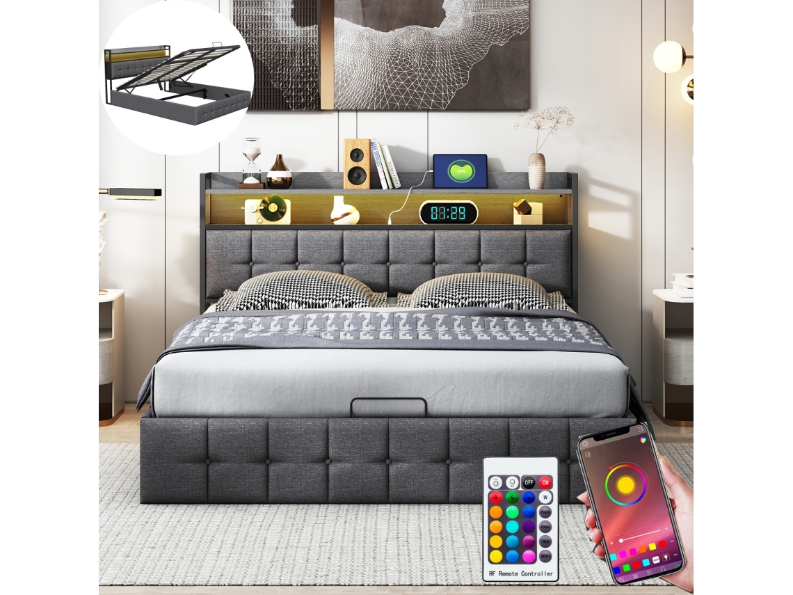 Cama Estofada 140x190cm com Led/USB, com Cabeceira Funcional, Linho Cinza BURSDANY